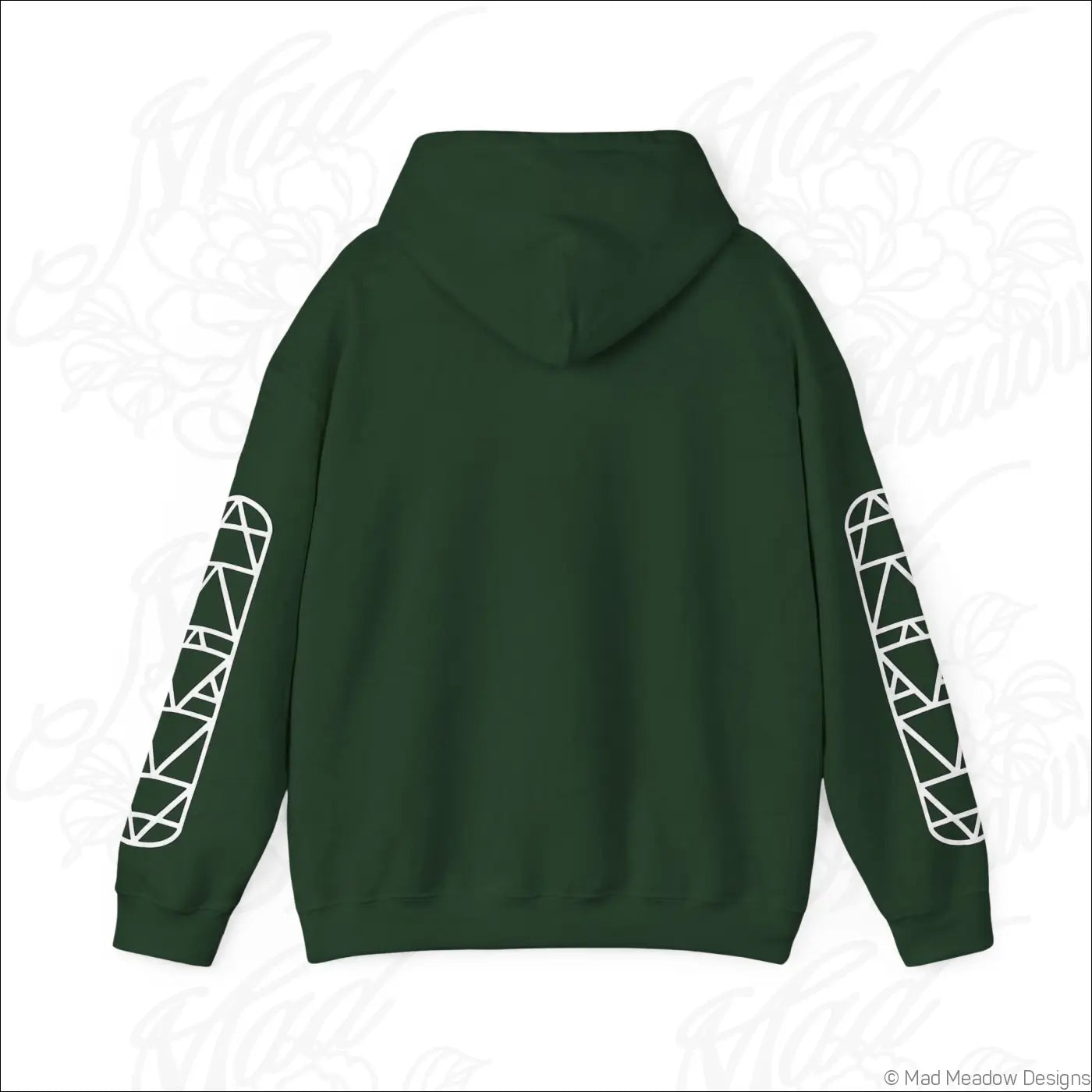Dark green all-seeing eye triangle hoodie with white geometric patterns and kangaroo pouch, tumble dry care instructions