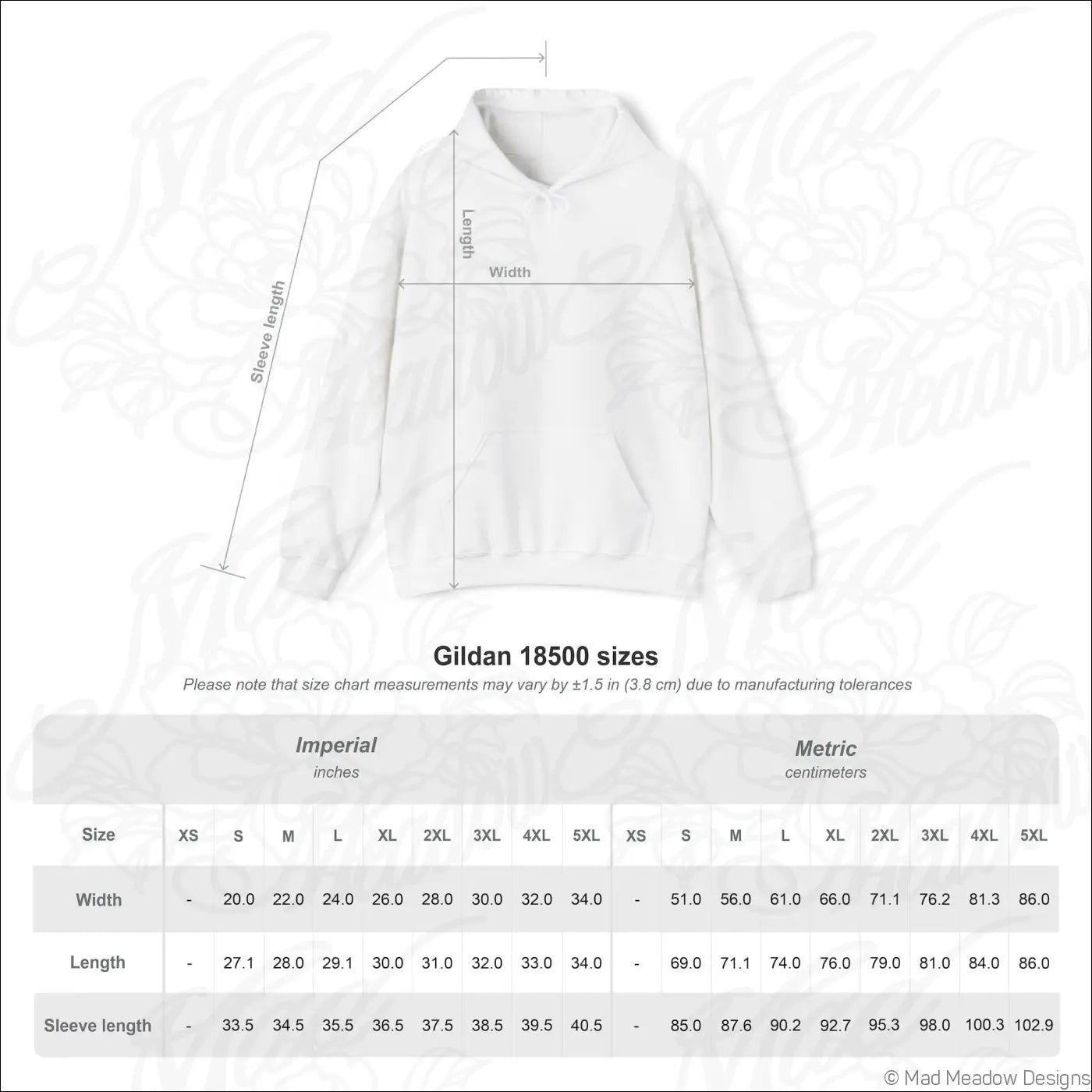 White gildan 18500 hoodie with all-seeing eye design shows size chart measurements and care instructions tumble dry safe kangaroo pouch