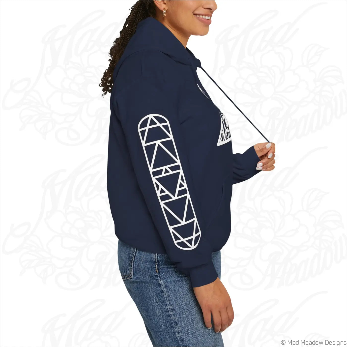 Navy blue all-seeing eye triangle hoodie with white geometric skateboard sleeve graphic and kangaroo pouch tumble dry care instructions