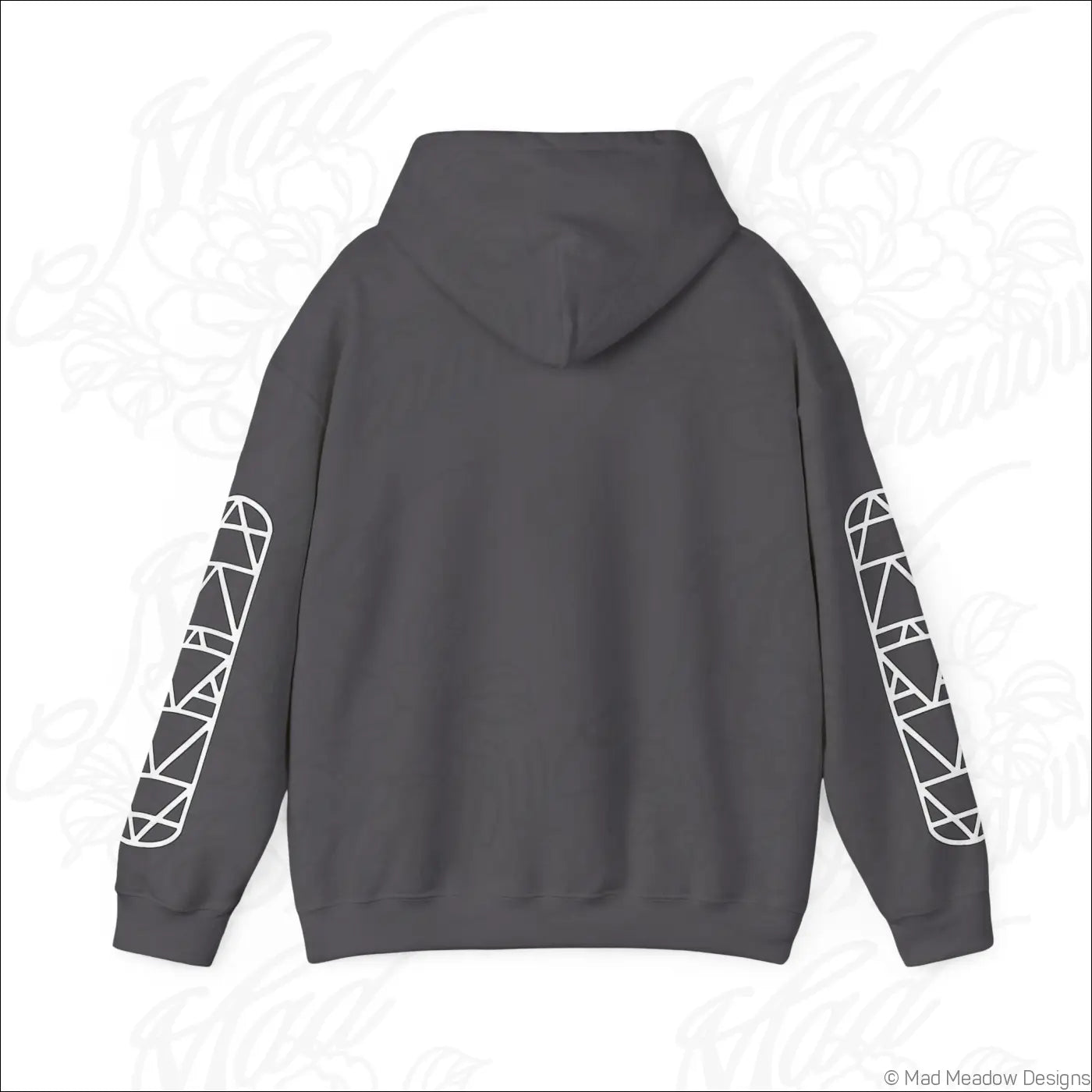 Dark gray all-seeing eye triangle hoodie with white geometric sleeve patterns and kangaroo pouch, tumble dry care instructions