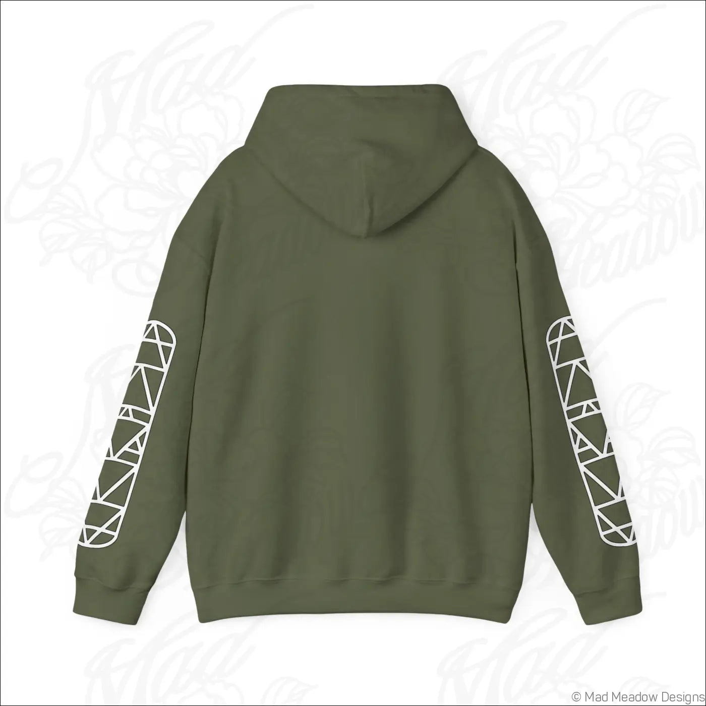 Olive green all-seeing eye triangle hoodie with white geometric patterns on sleeves and a kangaroo pouch, tumble dry care instructions