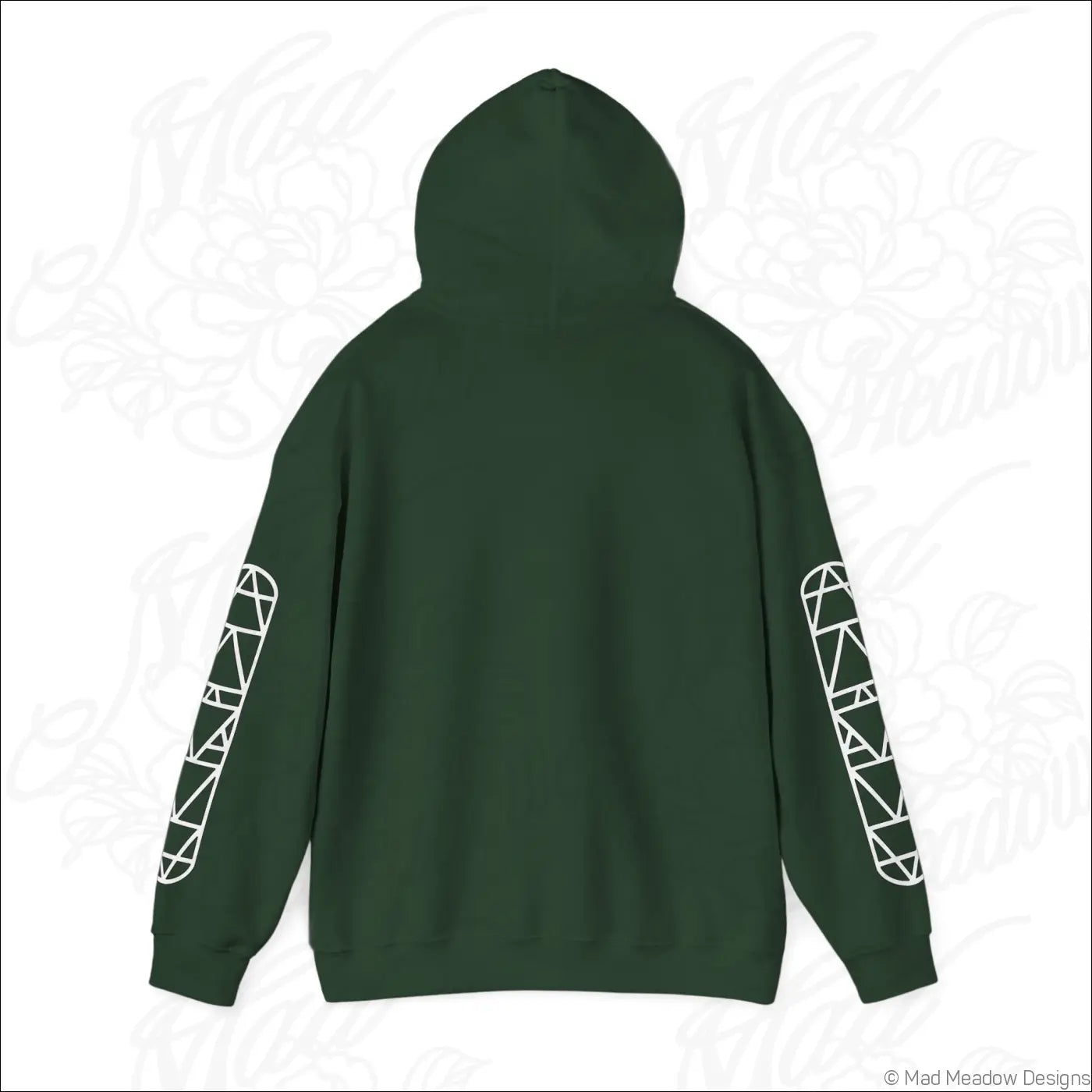 Dark green all-seeing eye triangle hoodie with white geometric patterns on sleeves and kangaroo pouch, tumble dry safe