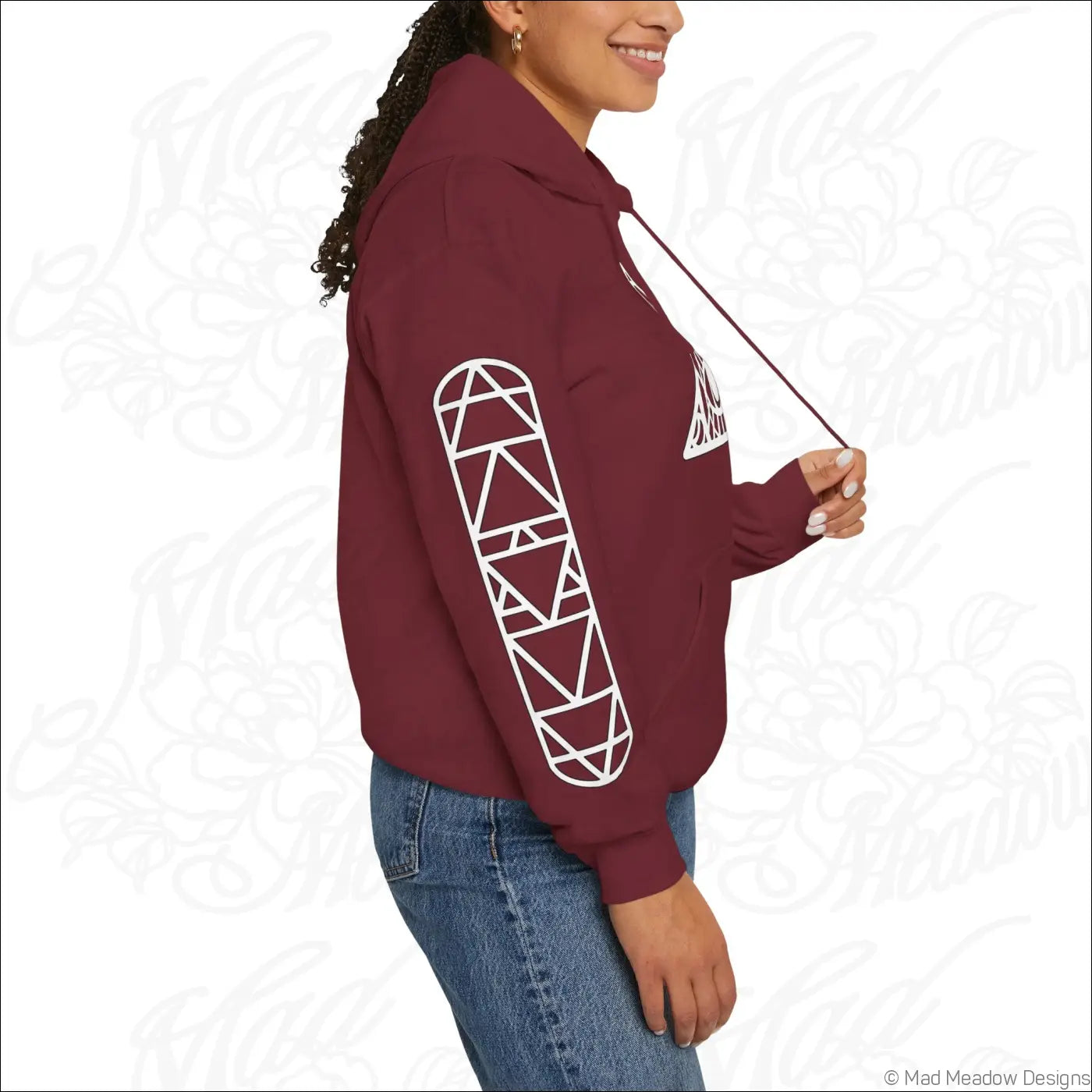 Maroon all-seeing eye triangle hoodie with white geometric skateboard graphic on sleeve and kangaroo pouch, tumble dry safe