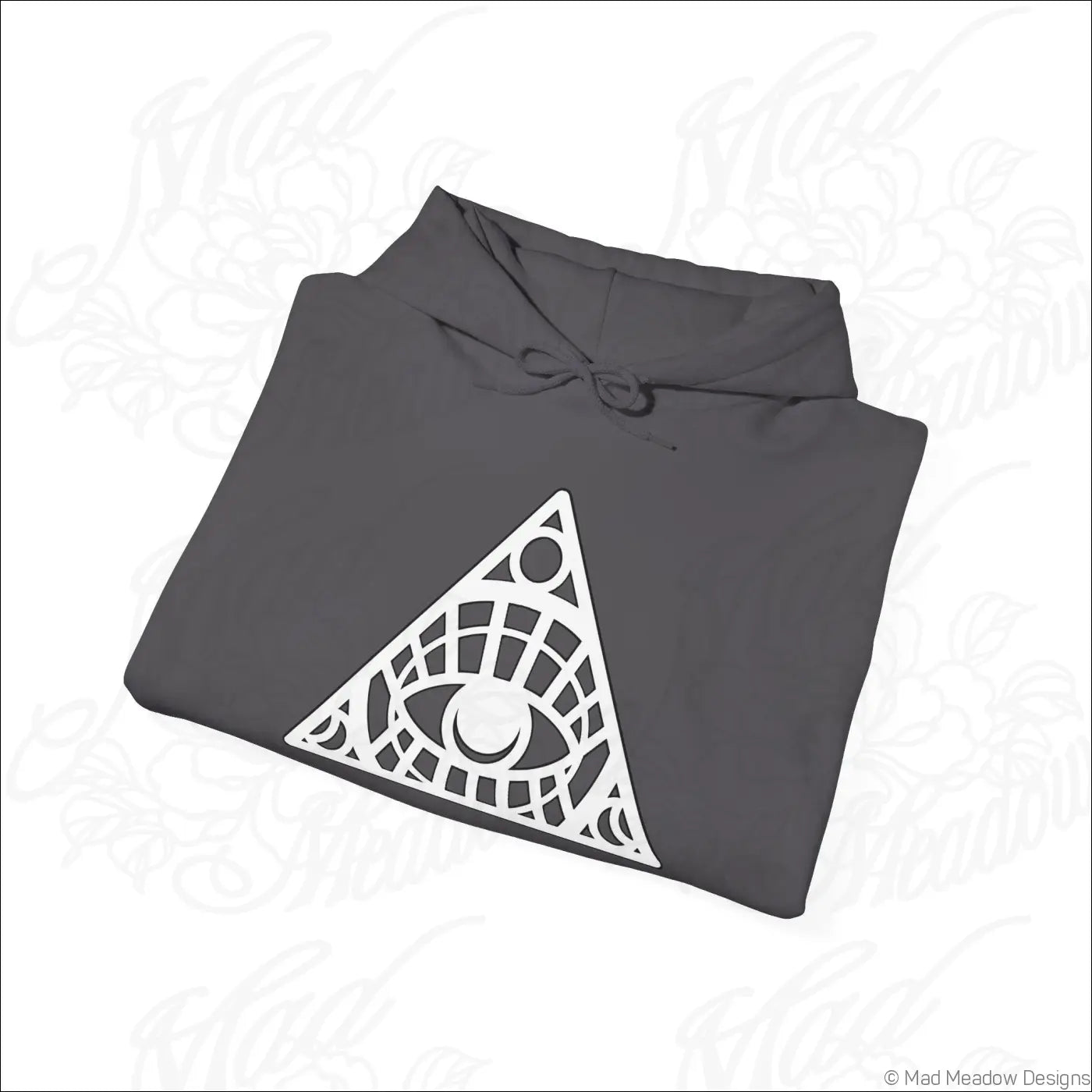 Dark gray all-seeing eye triangle hoodie with bold white geometric design and kangaroo pouch care instructions to tumble dry