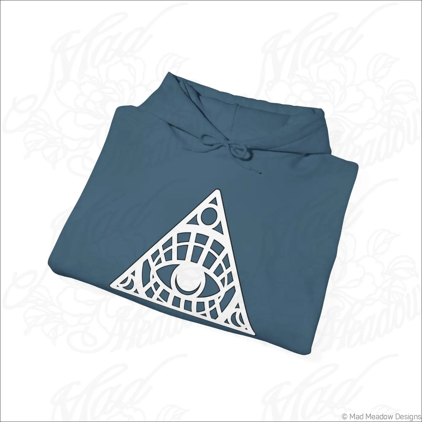 Navy blue all-seeing eye triangle hoodie with white geometric design and kangaroo pouch, tumble dry care instructions
