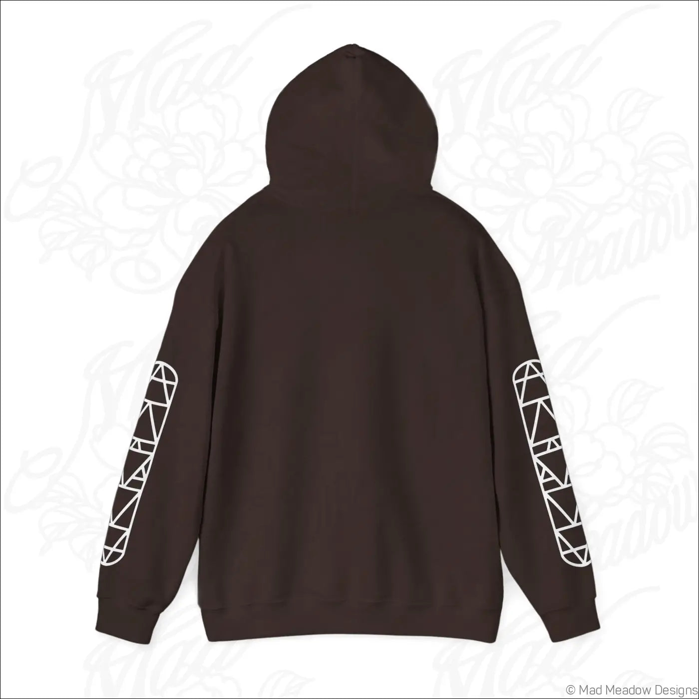 Dark brown all-seeing eye triangle hoodie with white geometric patterns on sleeves and kangaroo pouch, tumble dry care instructions