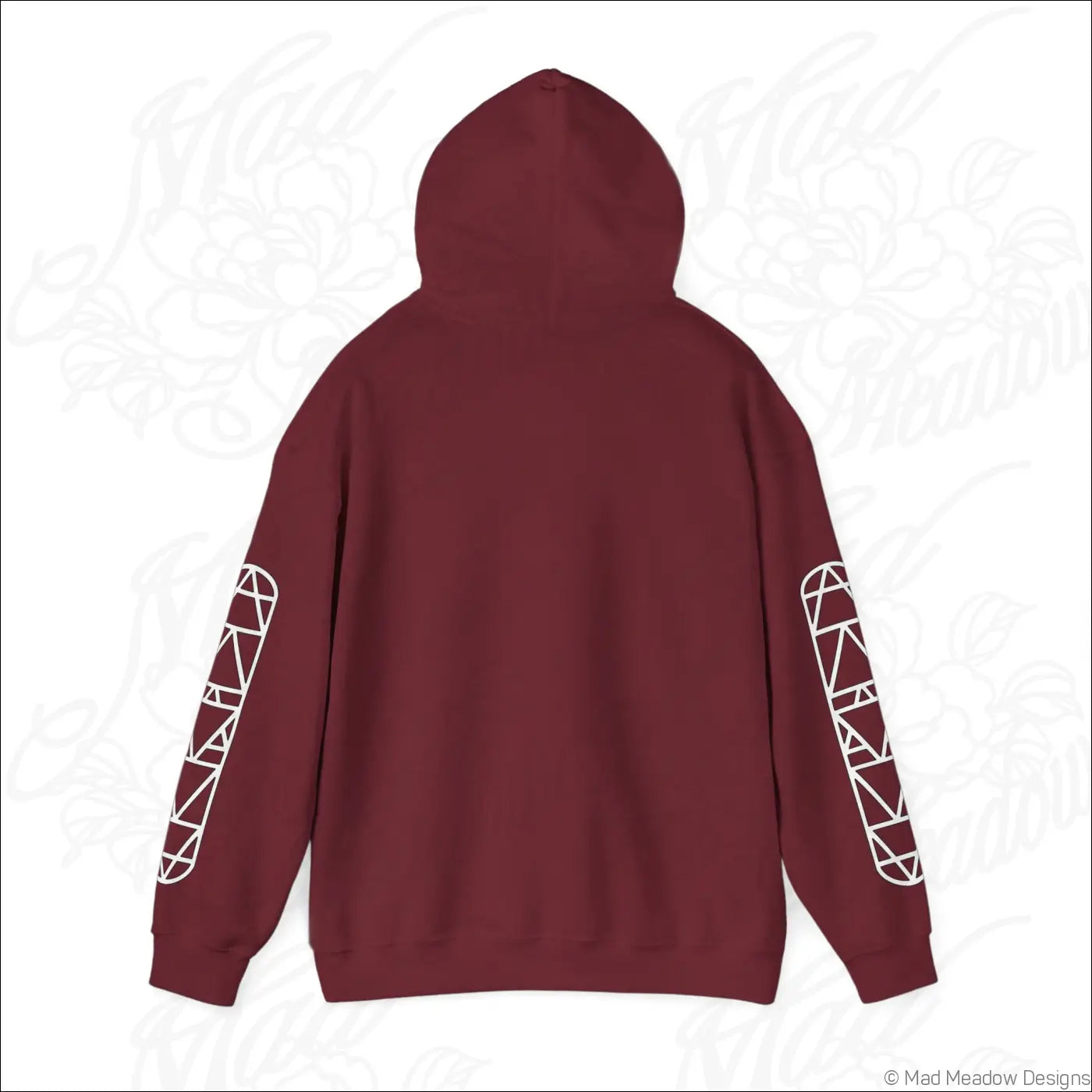 Maroon all-seeing eye triangle hoodie with white geometric patterns on sleeves featuring kangaroo pouch care instructions tumble dry safe