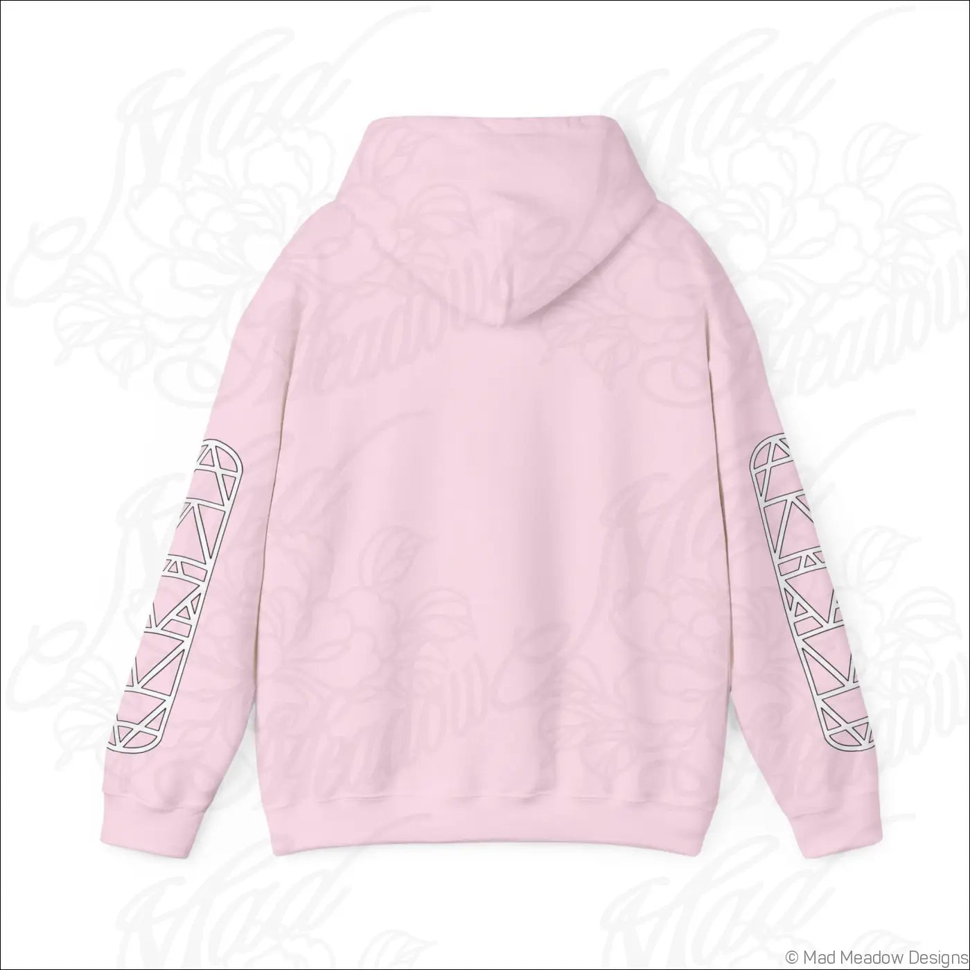 Soft pink all-seeing eye triangle hoodie with geometric white line sleeves and kangaroo pouch care instructions include tumble dry