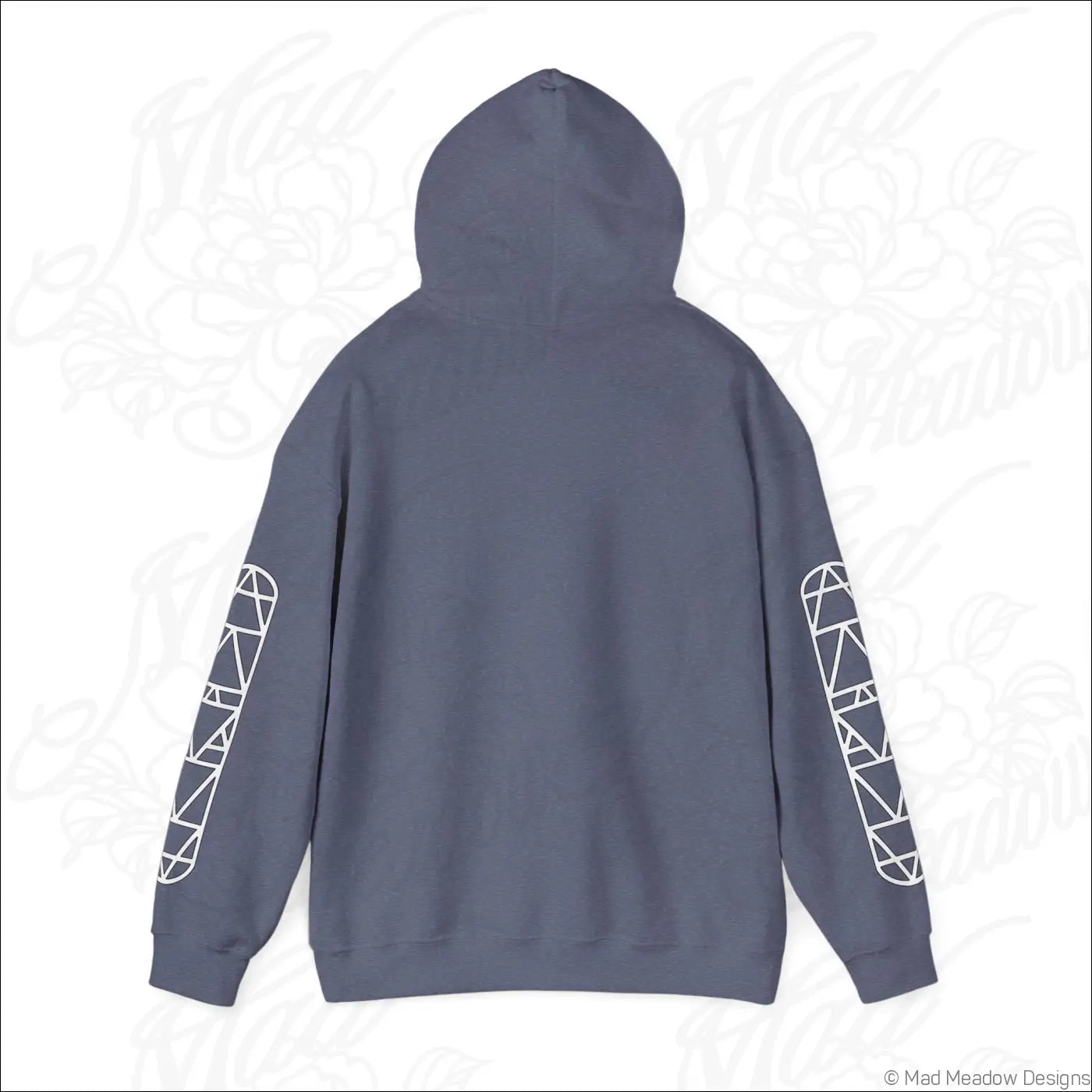 Dark gray all-seeing eye triangle hoodie with white geometric patterns on sleeves and kangaroo pouch, tumble dry safe