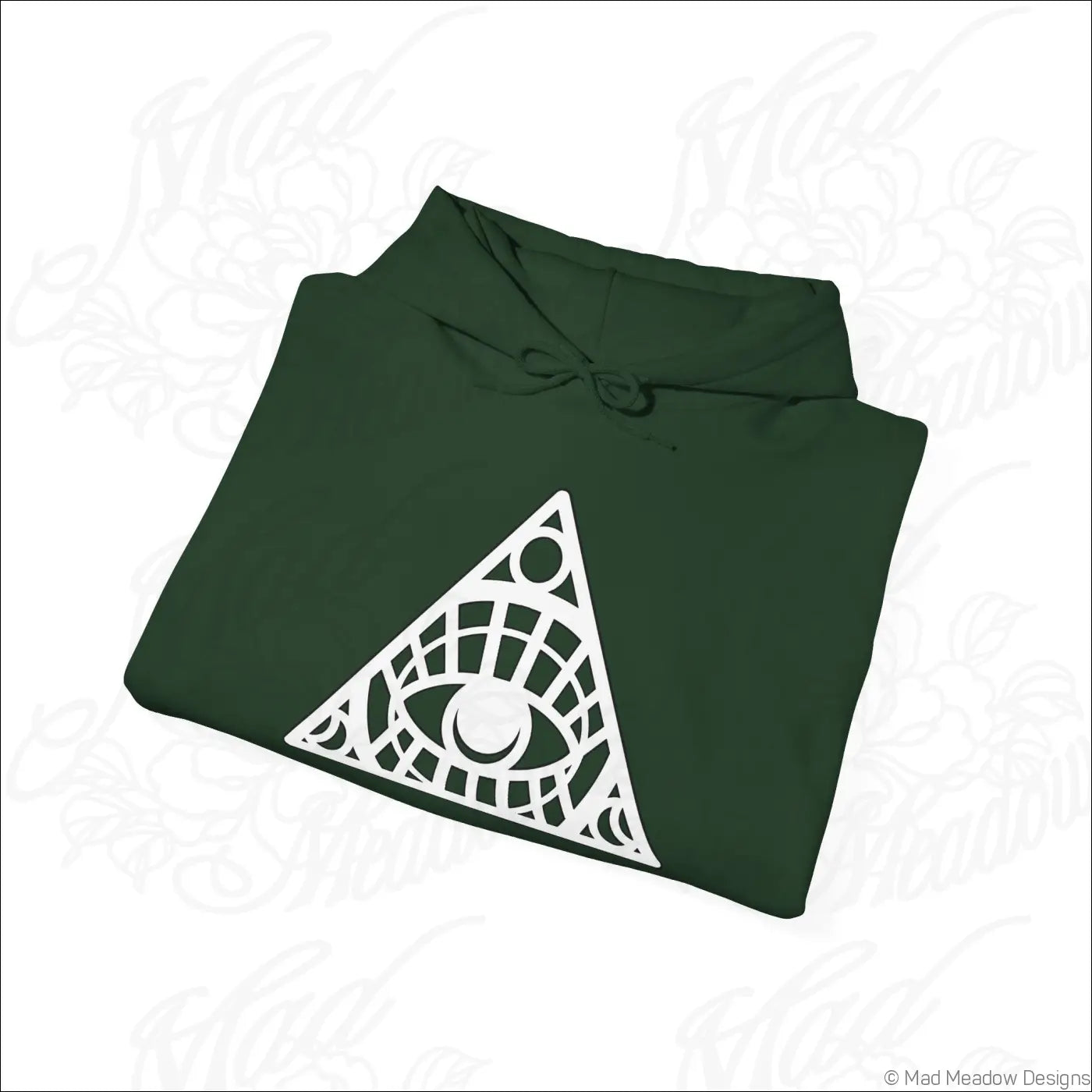 Dark green all-seeing eye triangle hoodie with white geometric eye design and kangaroo pouch; tumble dry care instructions