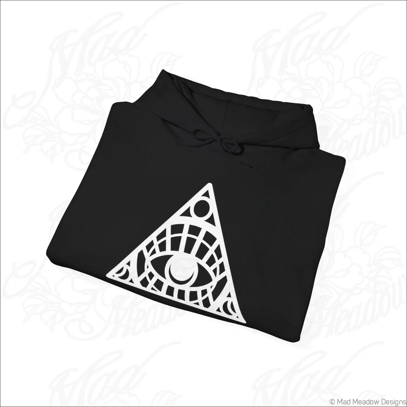 Black hoodie with white geometric all-seeing eye triangle design and kangaroo pouch, easy care instructions tumble dry safe