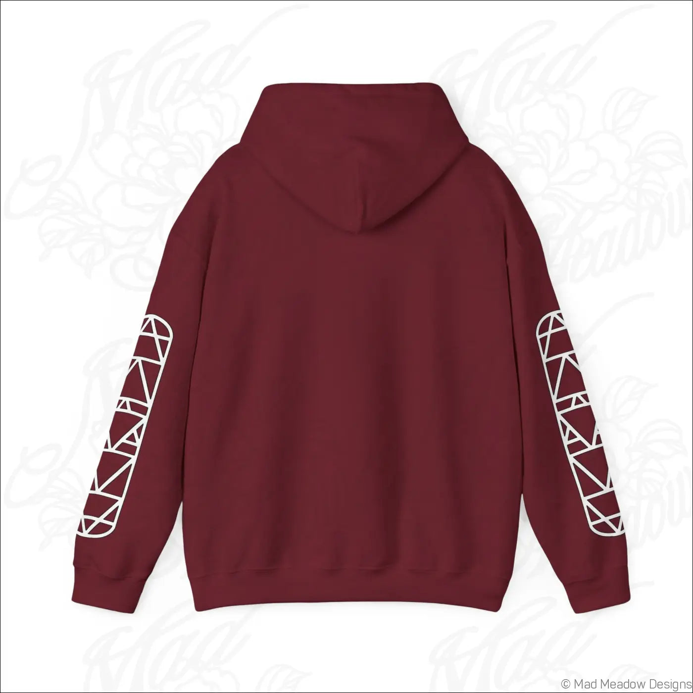Maroon all-seeing eye triangle hoodie with white geometric sleeve patterns and kangaroo pouch, tumble dry safe care instructions