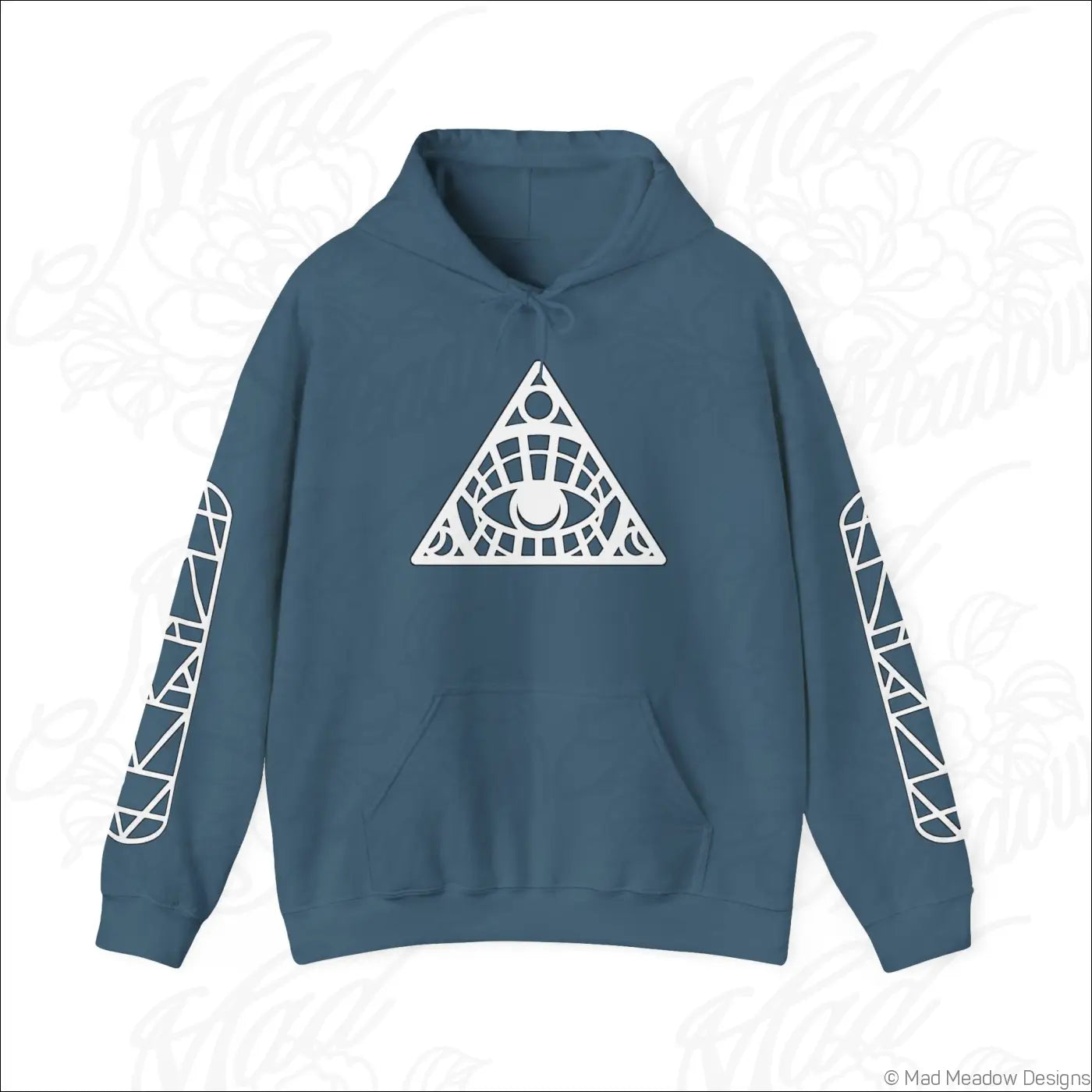 Navy blue all-seeing eye triangle hoodie with white geometric design and kangaroo pouch, tumble dry care instructions