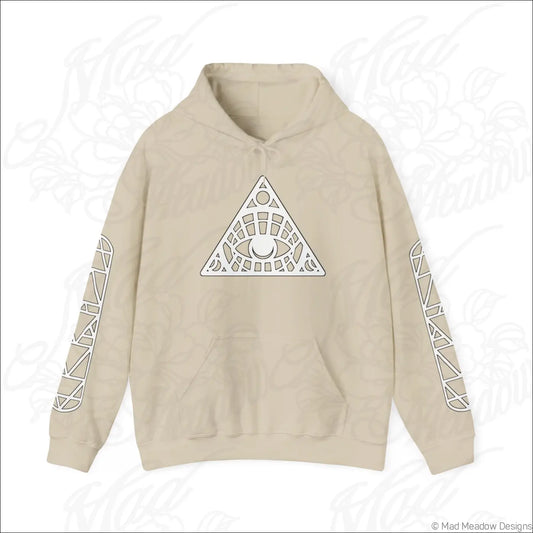 Beige all-seeing eye triangle hoodie with geometric occult graphics and kangaroo pouch, easy care instructions tumble dry
