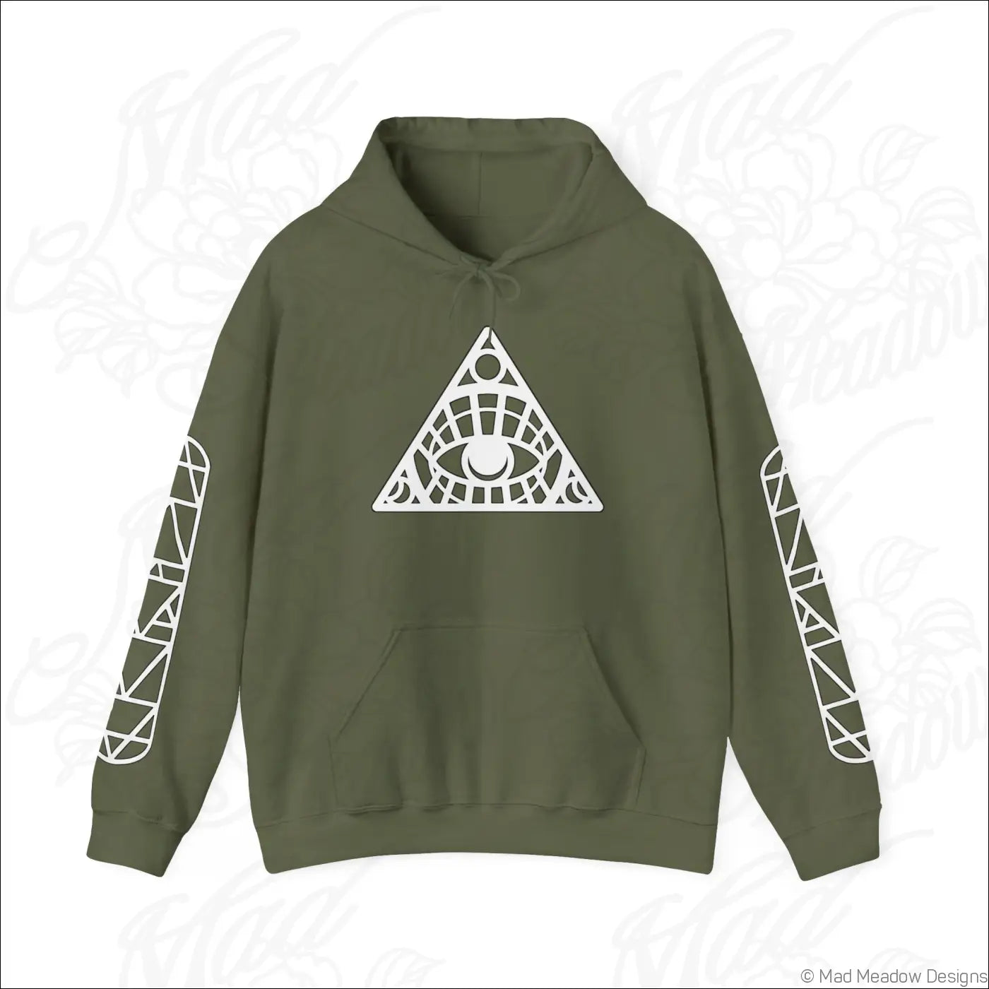Olive green all-seeing eye triangle hoodie with white geometric design and kangaroo pouch care instructions tumble dry safe