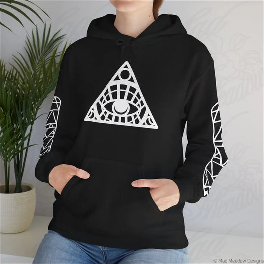Black hoodie with white geometric all-seeing eye triangle design and sleeve patterns featuring kangaroo pouch care instructions tumble dry