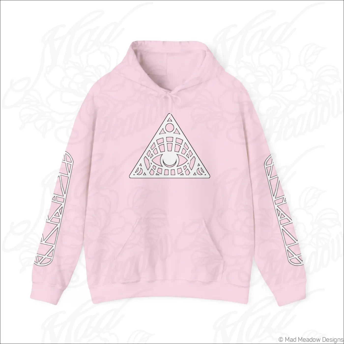 Soft pink all-seeing eye triangle hoodie with white geometric design, kangaroo pouch, and easy care instructions to tumble dry
