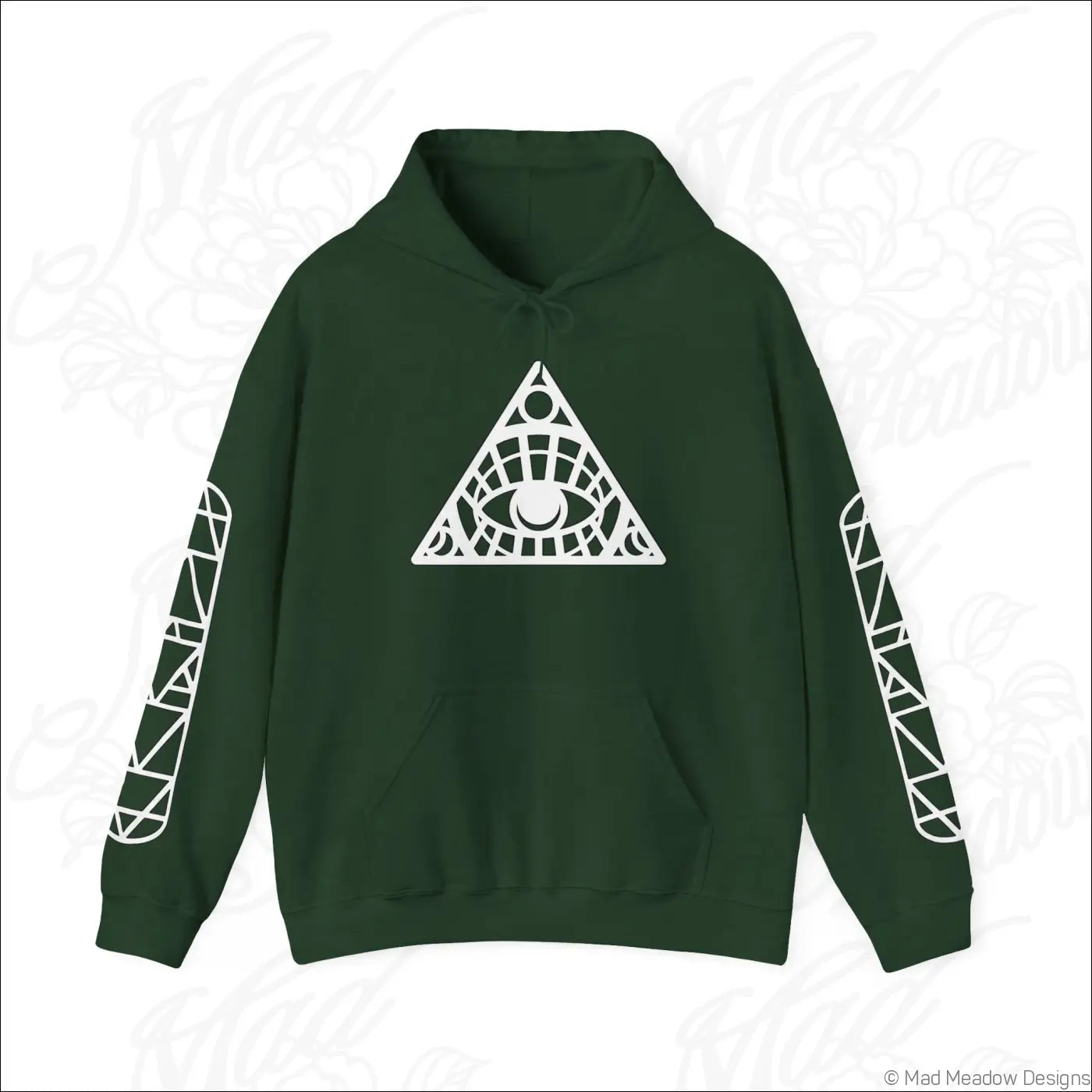 Dark green all-seeing eye triangle hoodie with white geometric design and kangaroo pouch care instructions tumble dry safe