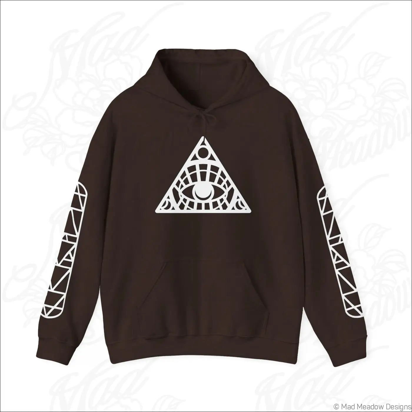 Dark brown all-seeing eye triangle hoodie with white geometric design and kangaroo pouch, tumble dry care instructions