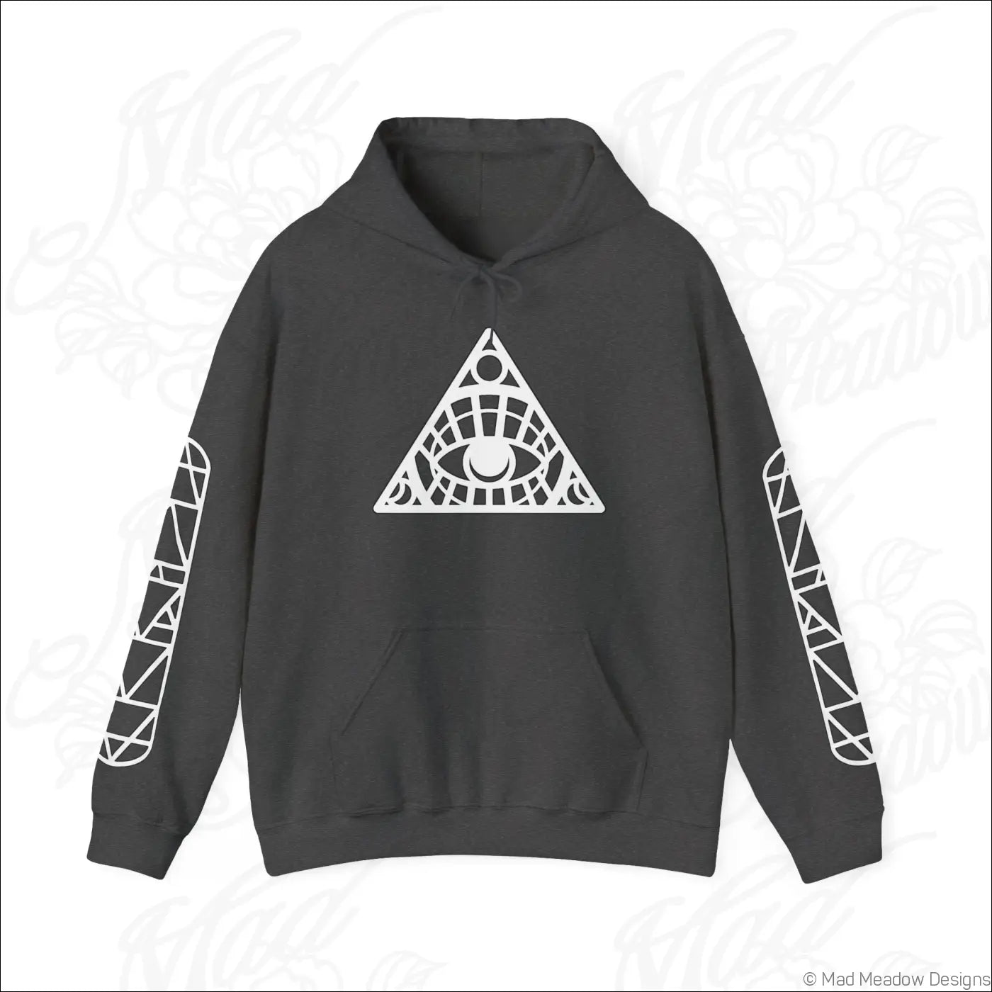 Dark gray all-seeing eye triangle hoodie with white geometric design and kangaroo pouch care instructions include tumble dry