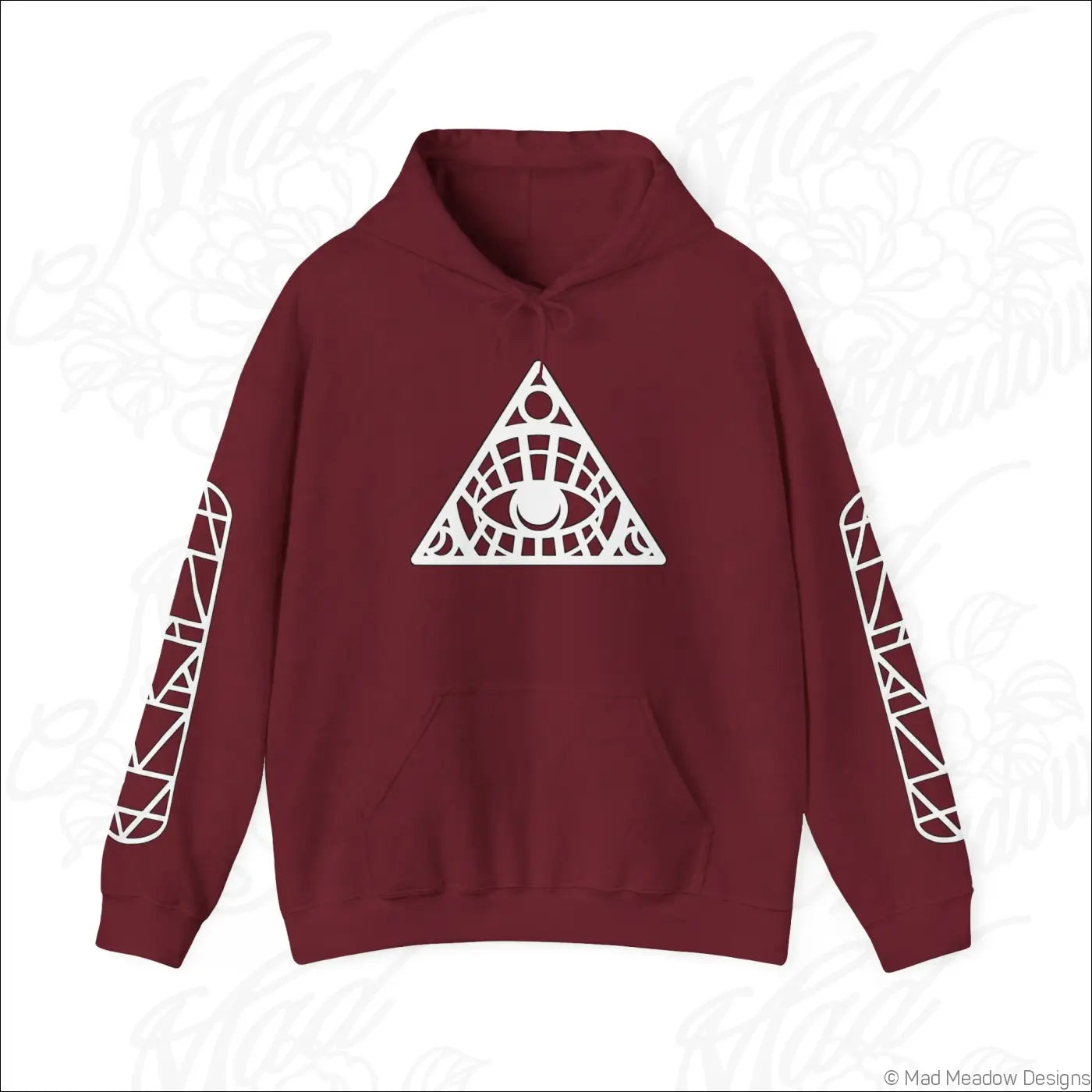 Maroon all-seeing eye triangle hoodie with white geometric eye design and kangaroo pouch tumble dry low care instructions