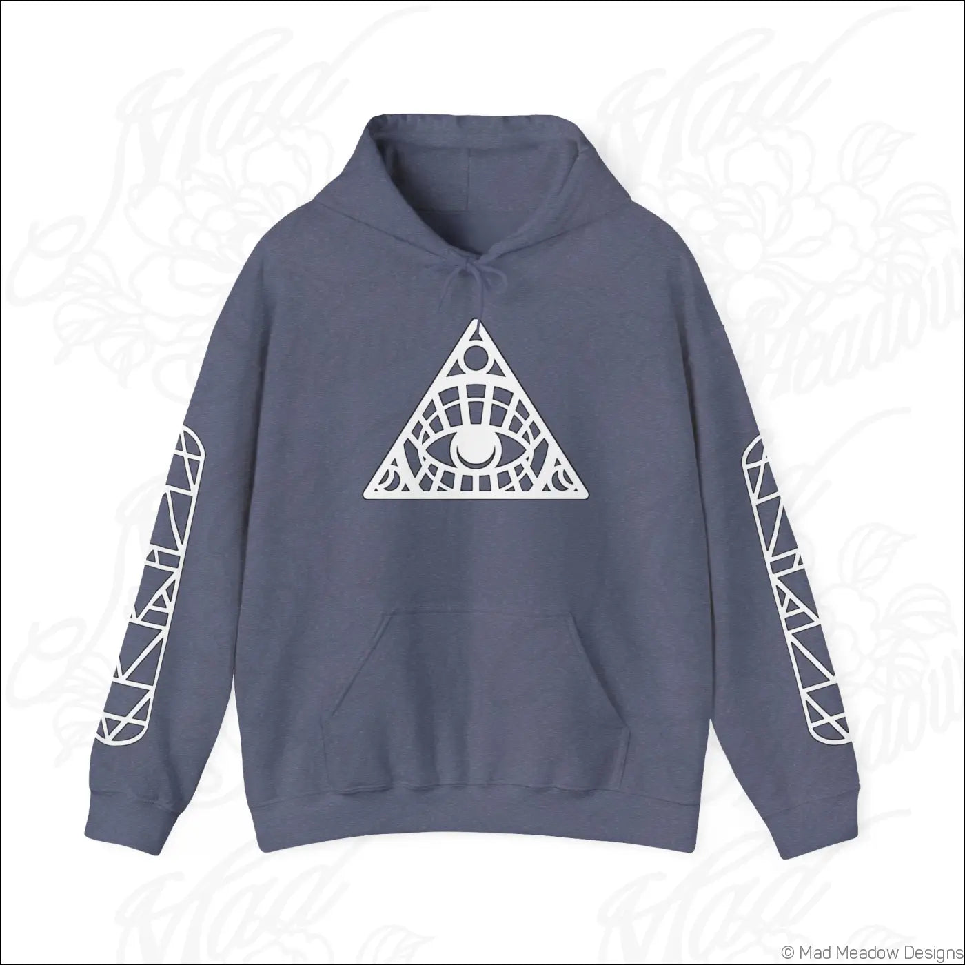Gray all-seeing eye triangle hoodie with white geometric eye and sleeve patterns and kangaroo pouch tumble dry care instructions