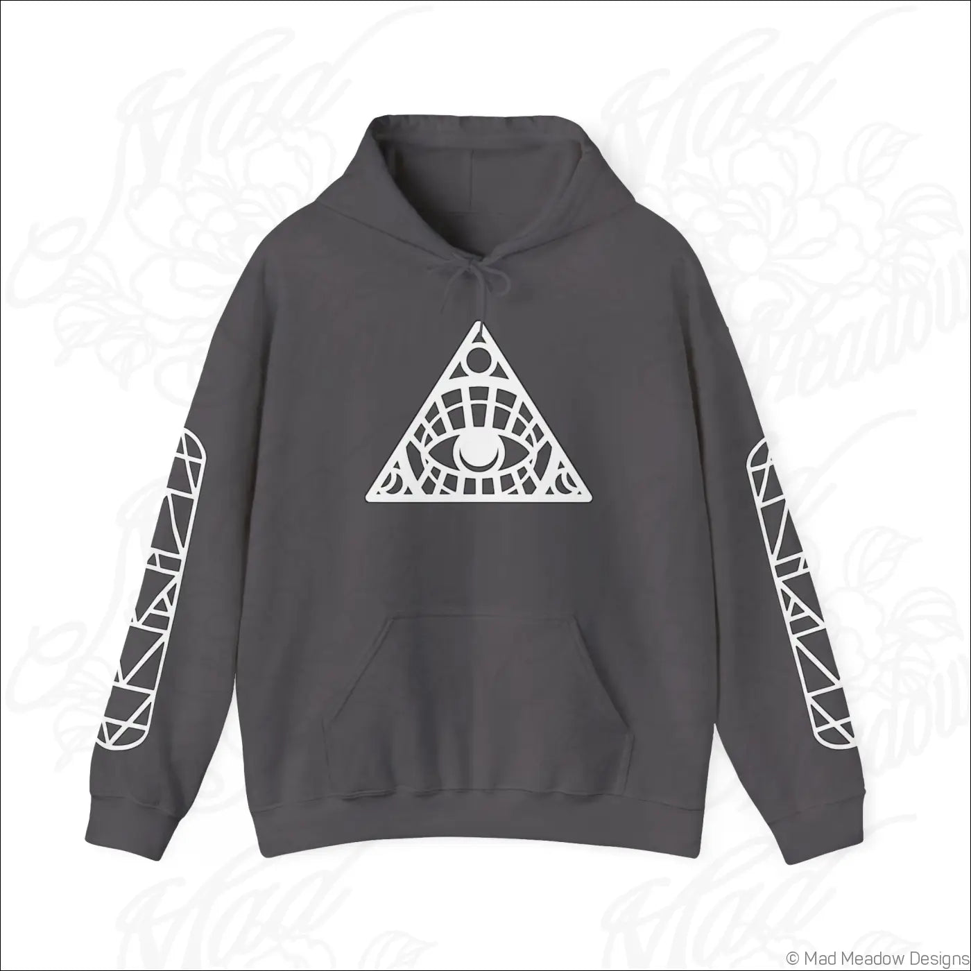 Dark gray all-seeing eye triangle hoodie with white geometric design and kangaroo pouch care instructions tumble dry safe