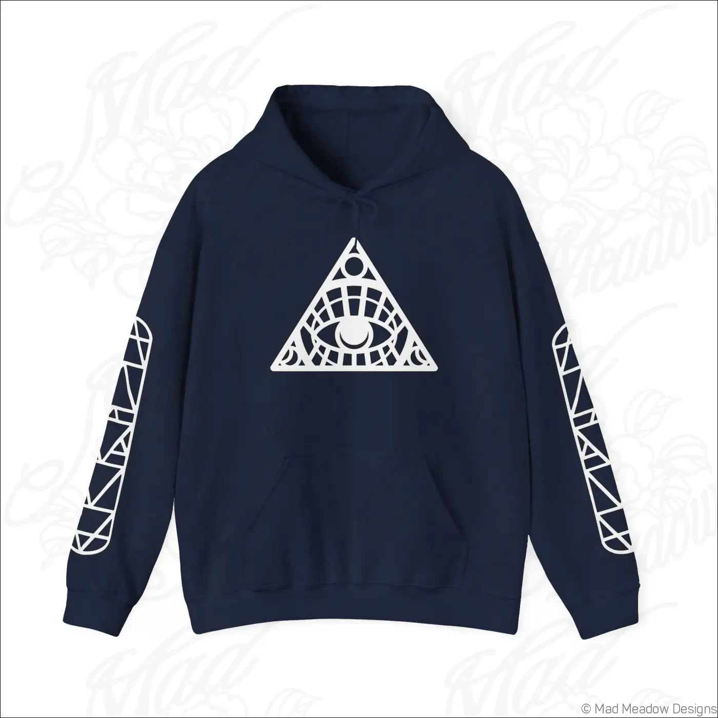 Navy blue all-seeing eye triangle hoodie with white geometric design, kangaroo pouch, and easy care instructions tumble dry safe