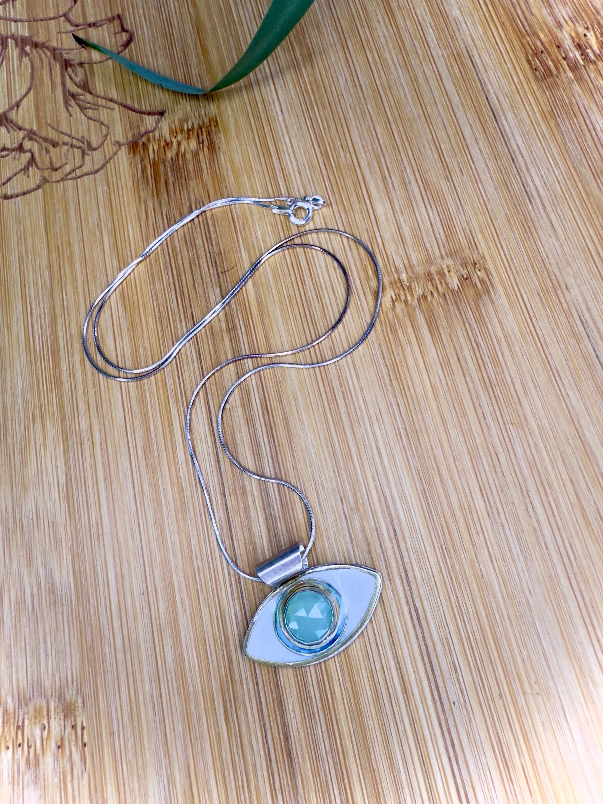 Aqua Chalcedony Evil Eye Sterling Silver Pendant Necklace on 18’’ Snake Chain - Jewelry