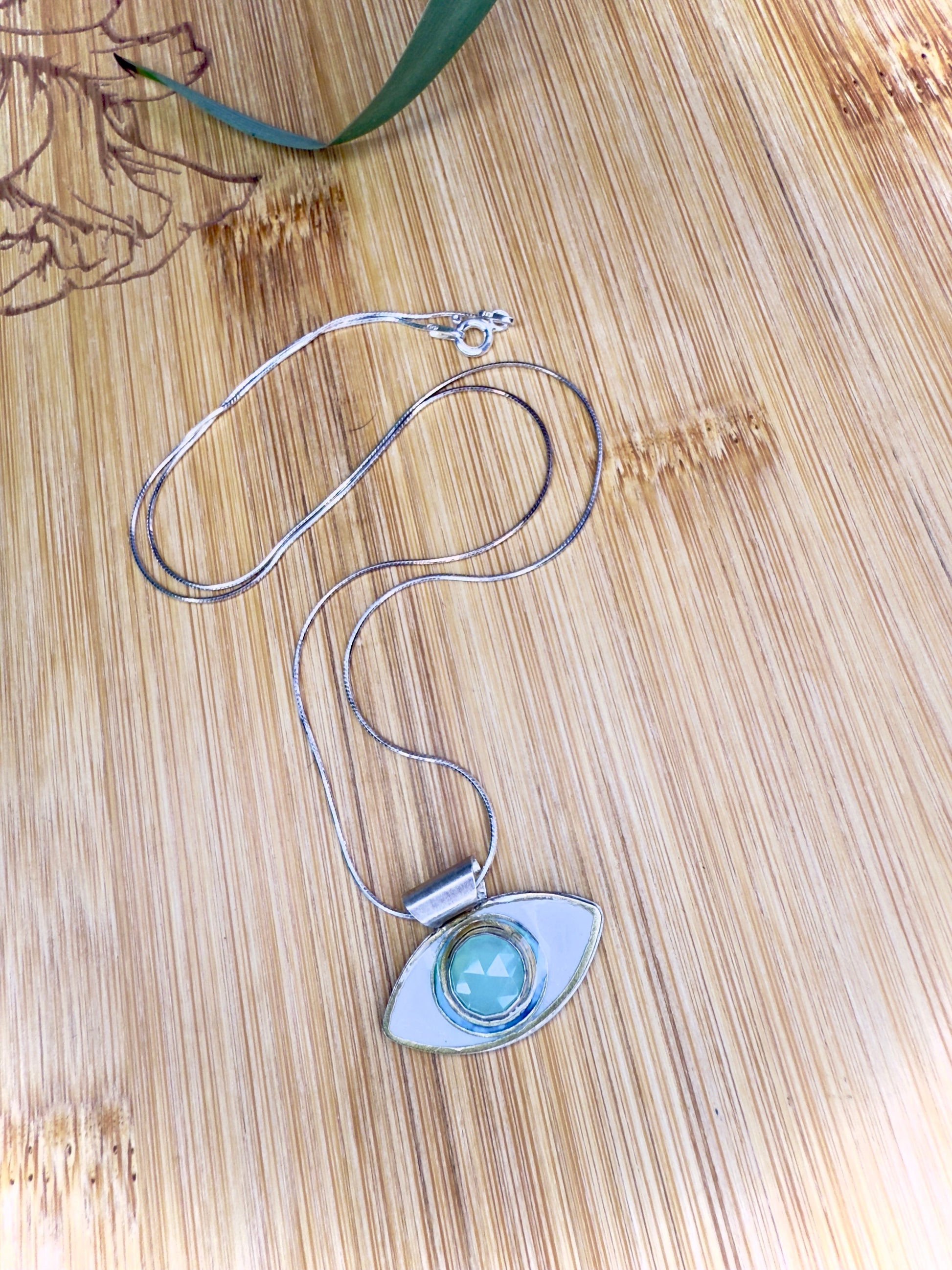 Aqua Chalcedony Evil Eye Sterling Silver Pendant Necklace on 18’’ Snake Chain - Jewelry