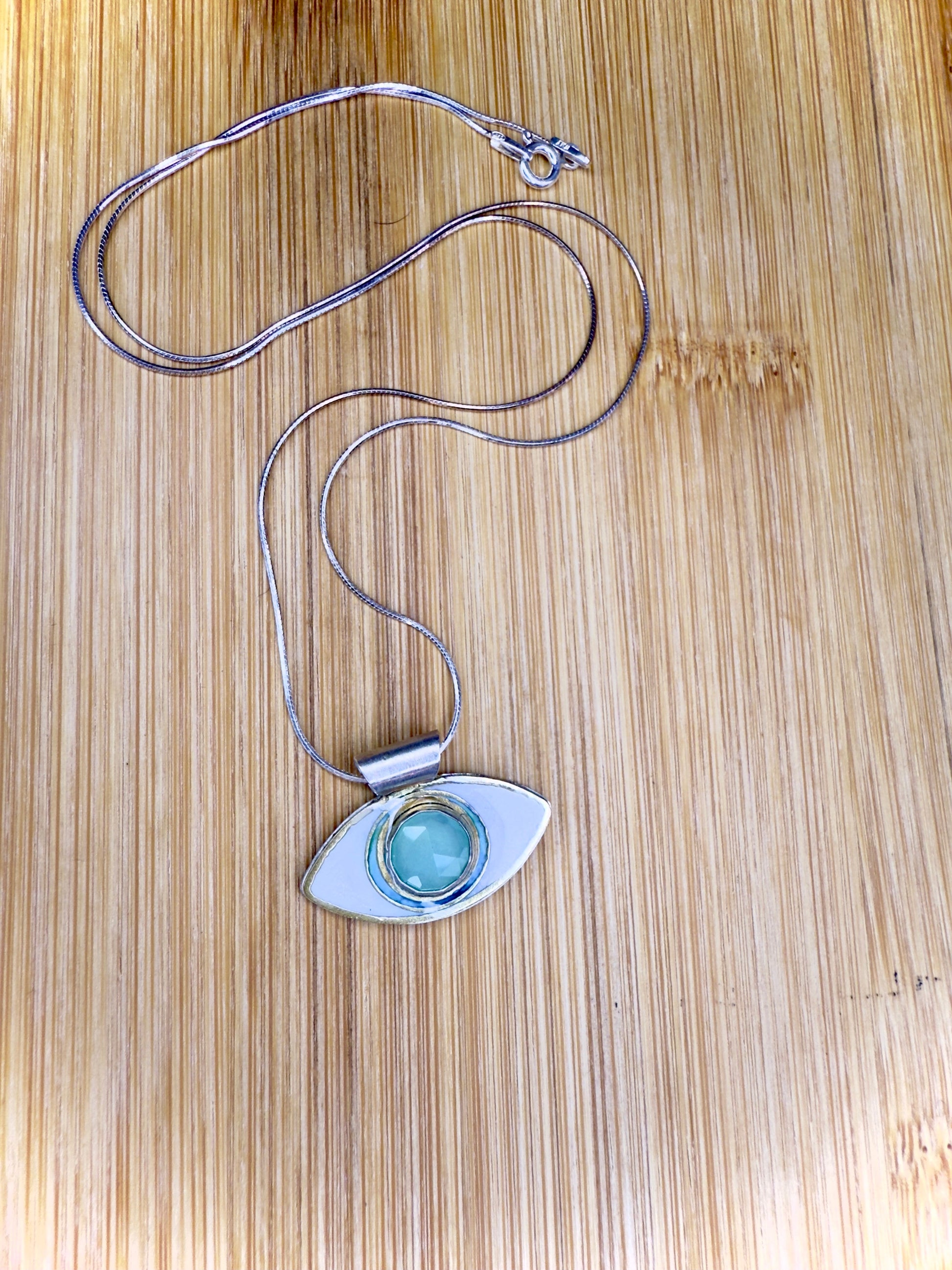 Aqua Chalcedony Evil Eye Sterling Silver Pendant Necklace on 18’’ Snake Chain - Jewelry