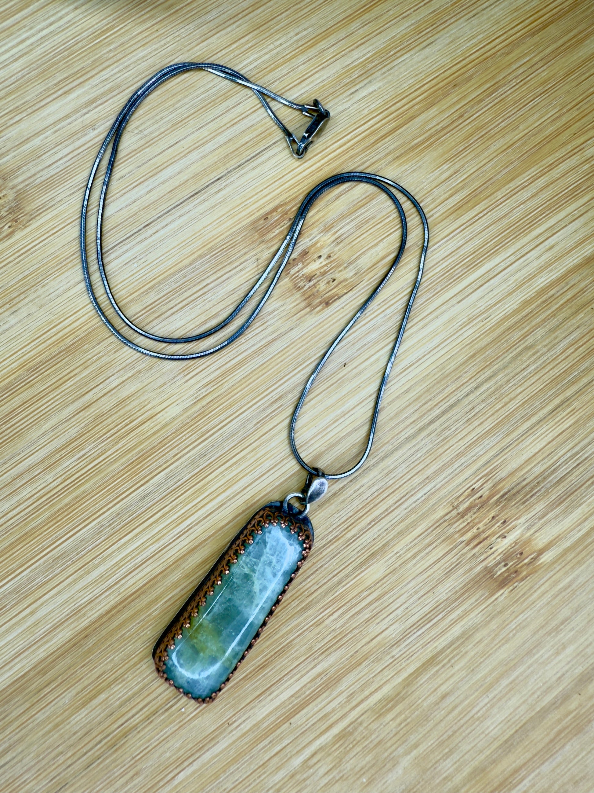 Aquamarine Beryl Rectangular Sterling Silver Pendant with Copper Bezel on 18’’ Sterling Silver Snake Chain - Jewelry