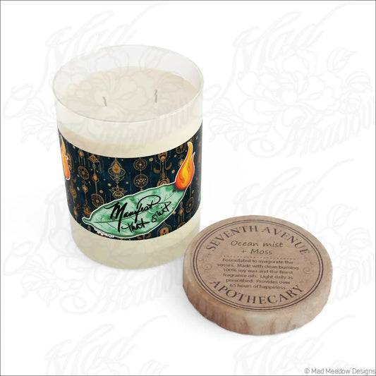 White soy wax glass candle with dreamcatcher label and wooden lid bay leaf burning manifestation candle ritual spirituality