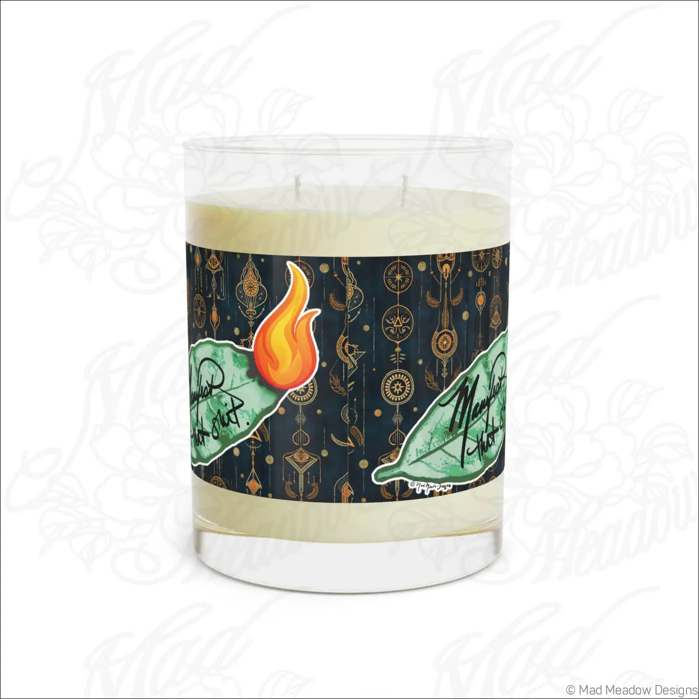 Bay leaf burning manifestation triple wick glass candle in clear jar with dark blue label and gold mystical symbols