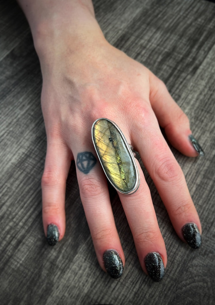 Beautiful Flashy Labradorite Large 20x50 Cabochon sterling Silver Statement Ring - Jewelry