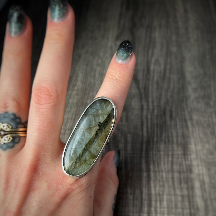 Beautiful Flashy Labradorite Large 20x50 Cabochon sterling Silver Statement Ring - Jewelry