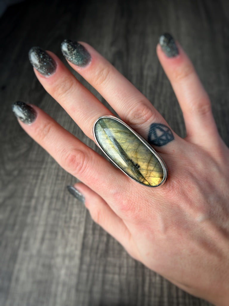 Beautiful Flashy Labradorite Large 20x50 Cabochon sterling Silver Statement Ring - Jewelry