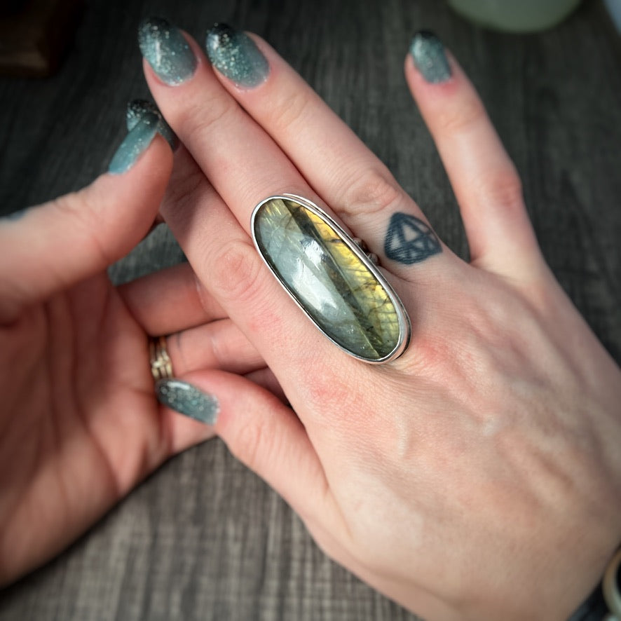 Beautiful Flashy Labradorite Large 20x50 Cabochon sterling Silver Statement Ring - Jewelry