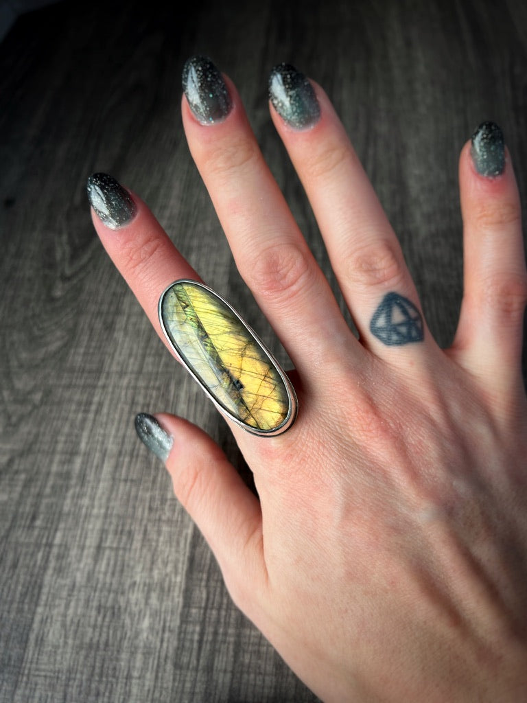 Beautiful Flashy Labradorite Large 20x50 Cabochon sterling Silver Statement Ring - Jewelry