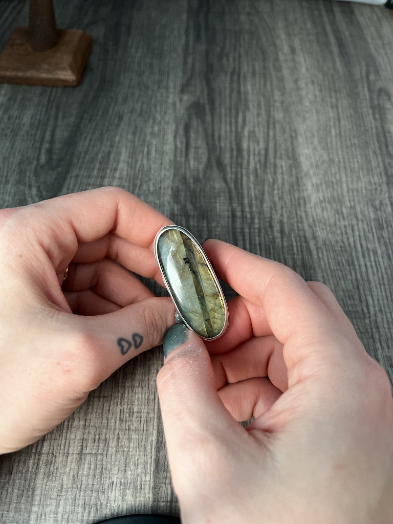 Beautiful Flashy Labradorite Large 20x50 Cabochon sterling Silver Statement Ring - Jewelry