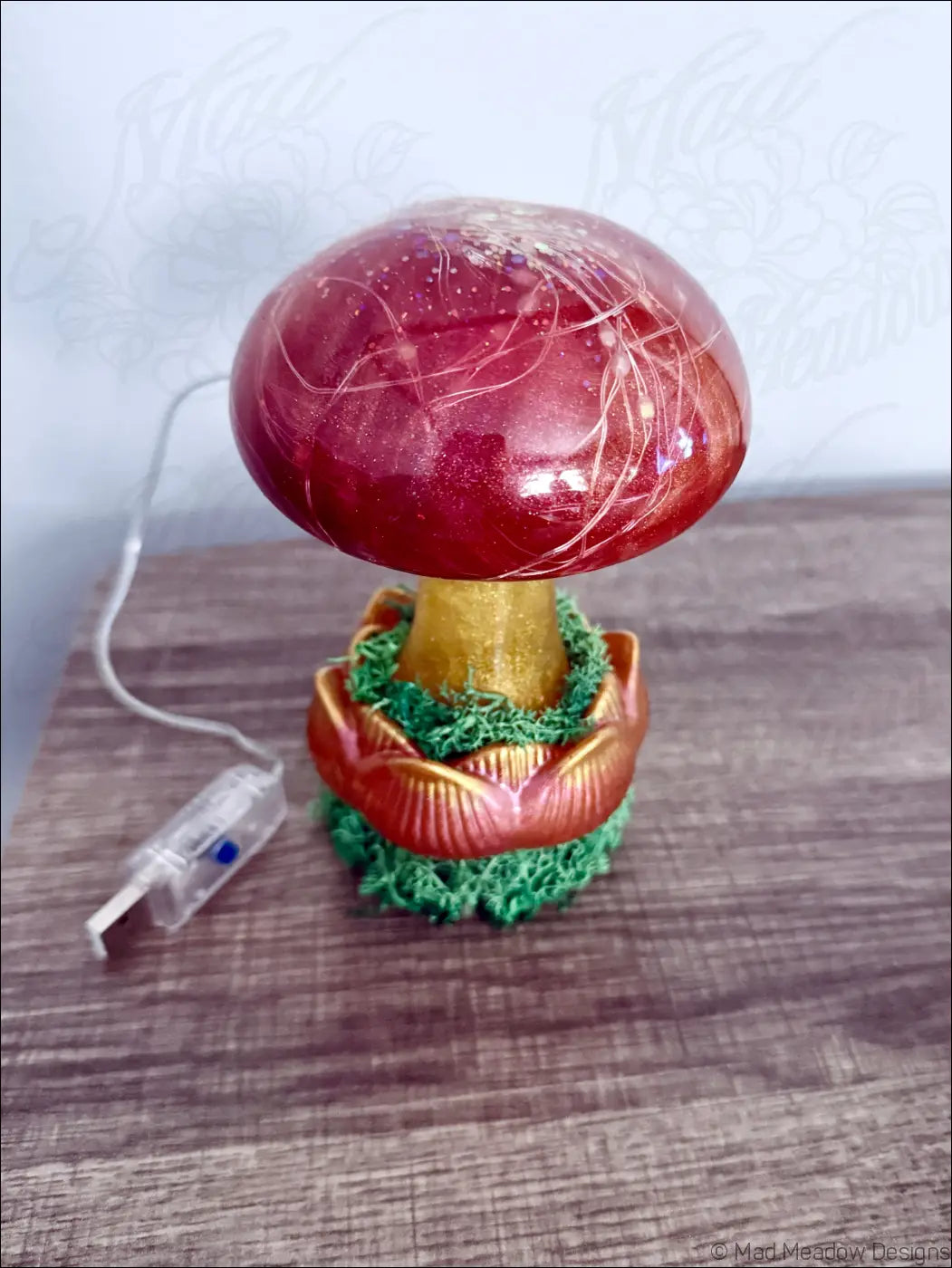 Big red mushroom and flower light usb powered glossy red resin lamp with golden stem green moss and silver filaments