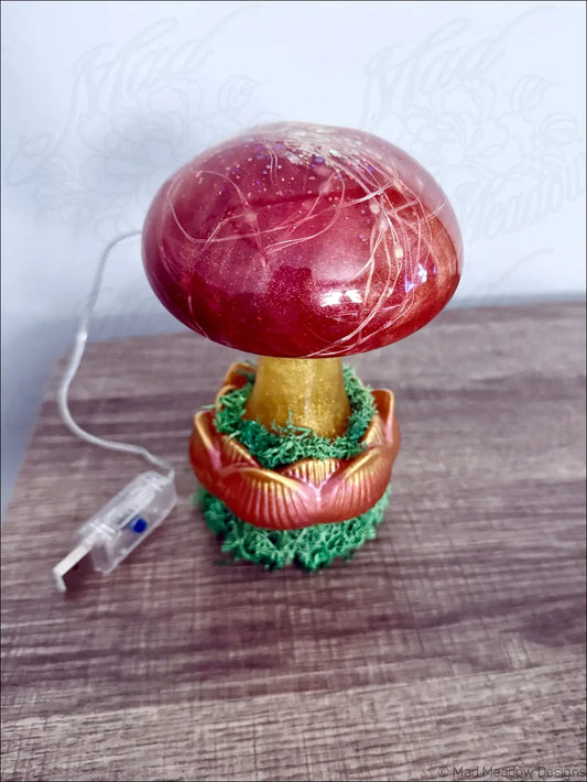 Big red mushroom and flower light usb powered glossy red resin lamp with golden stem green moss and silver filaments