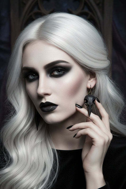 Black raven skull earrings with intricate detailing and gold toned metal accents perfect for edgy style