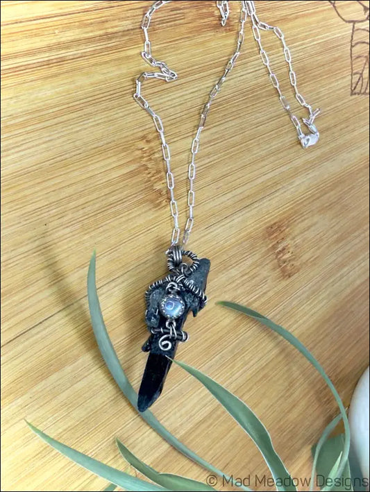 Black Raw Aegirine Crystal and Rainbow Moonstone Sterling Silver Wire Wrapped Pendant Necklace A - Jewelry