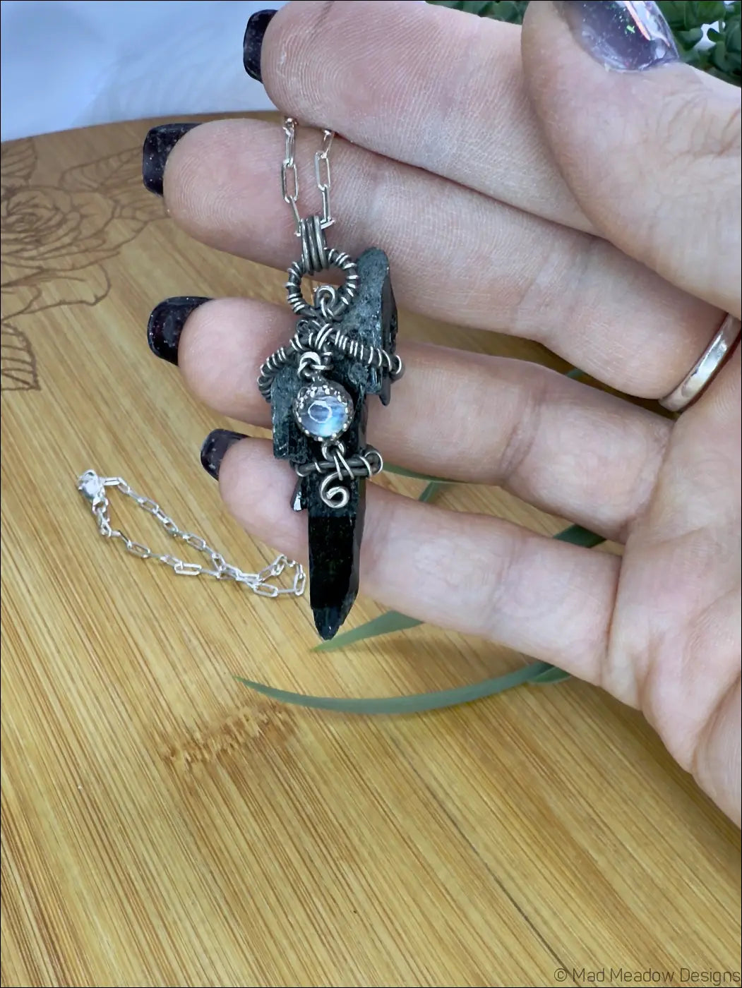 Black Raw Aegirine Crystal and Rainbow Moonstone Sterling Silver Wire Wrapped Pendant Necklace A - Jewelry