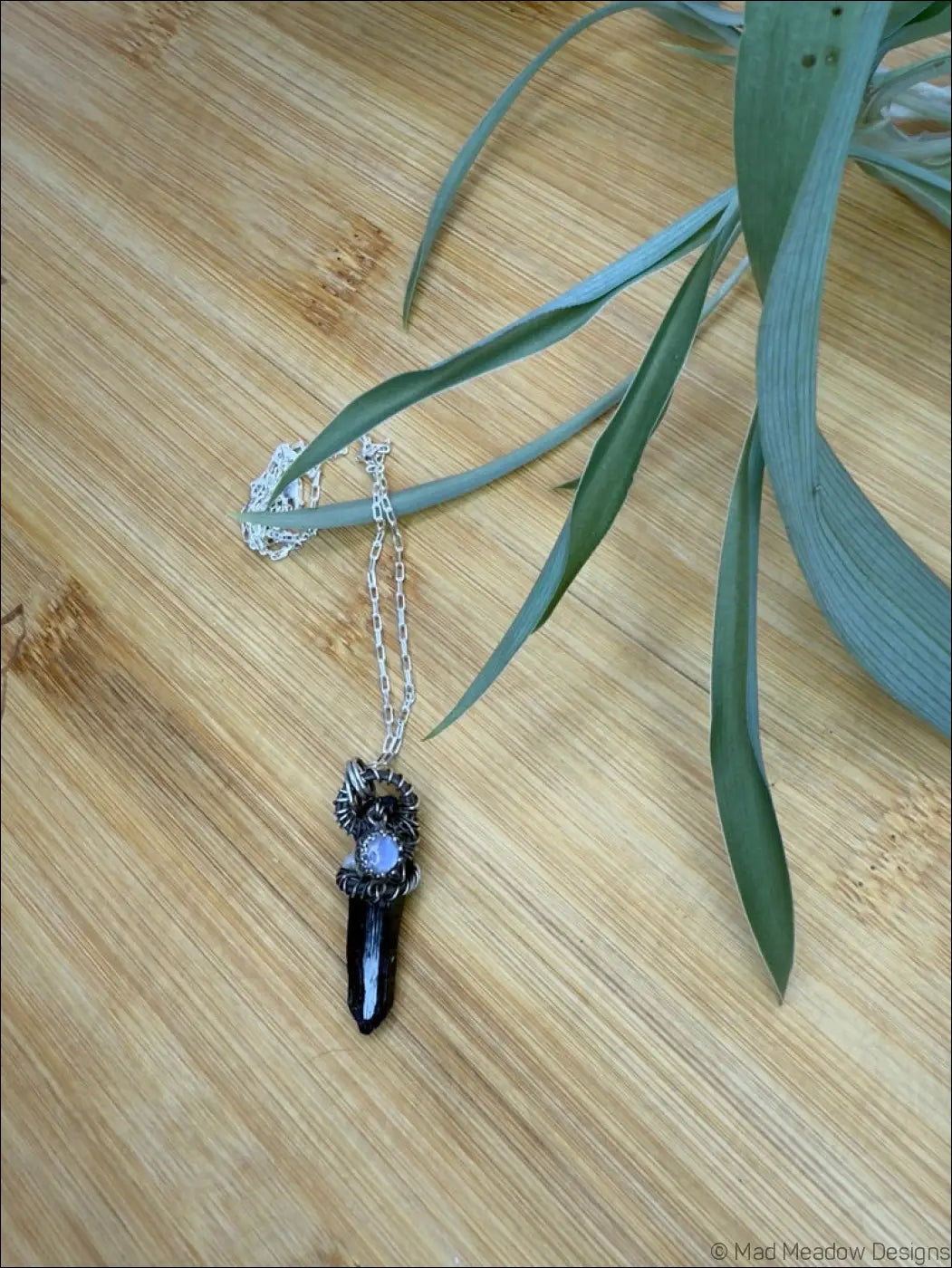 Black Raw Aegirine Crystal and Rainbow Moonstone Sterling Silver Wire Wrapped Pendant Necklace B - Jewelry