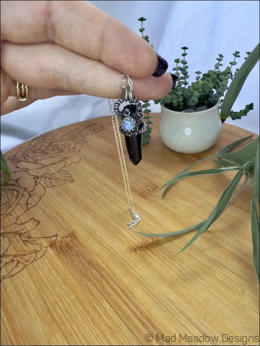 Black Raw Aegirine Crystal and Rainbow Moonstone Sterling Silver Wire Wrapped Pendant Necklace B - Jewelry