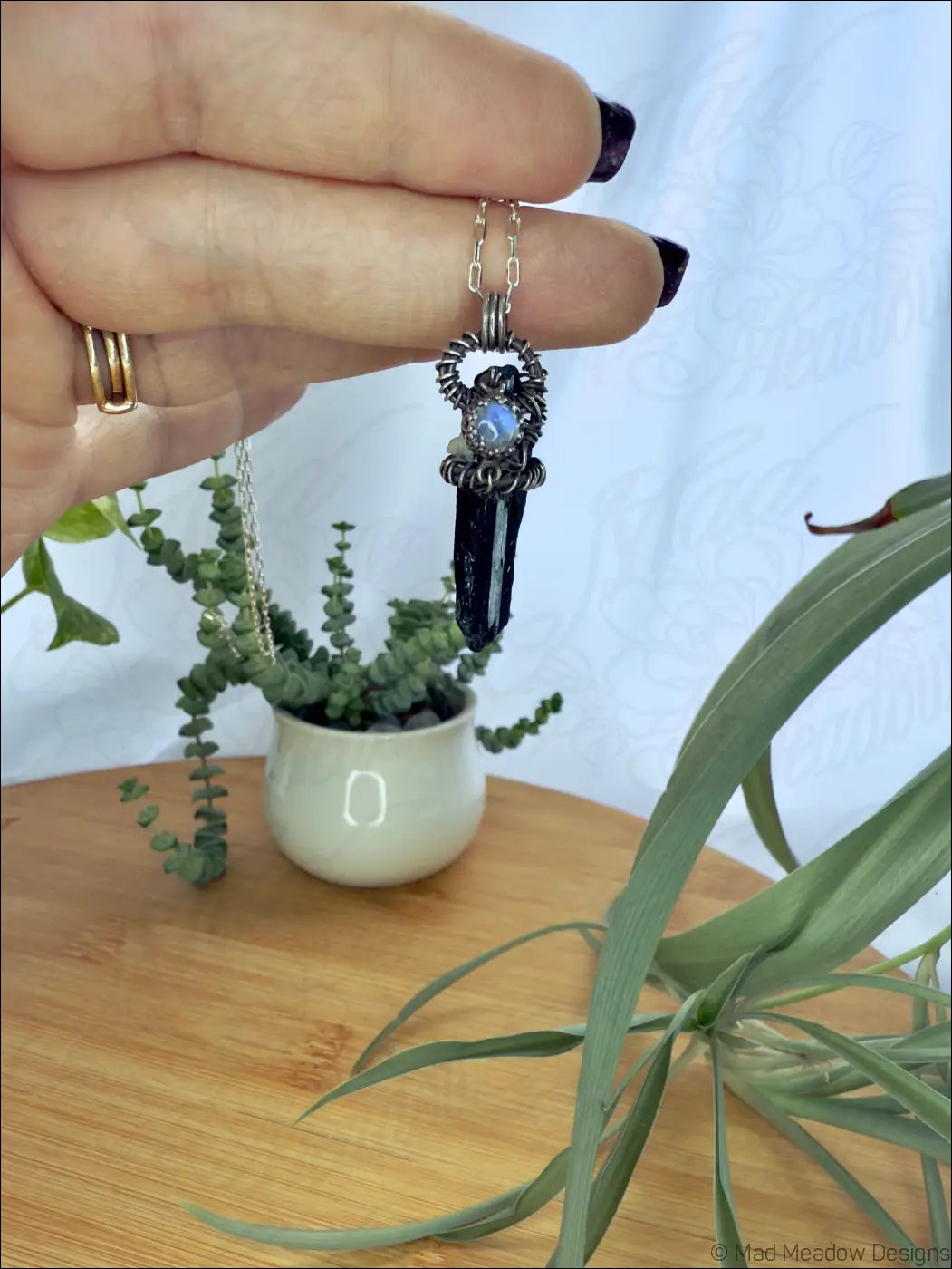 Black Raw Aegirine Crystal and Rainbow Moonstone Sterling Silver Wire Wrapped Pendant Necklace B - Jewelry
