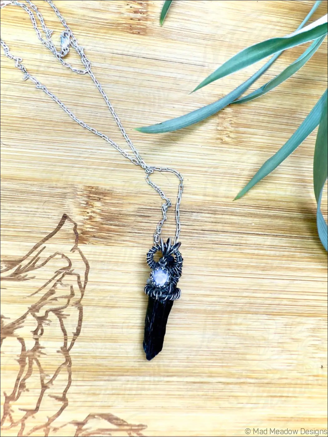 Black Raw Aegirine Crystal and Rainbow Moonstone Sterling Silver Wire Wrapped Pendant Necklace B - Jewelry