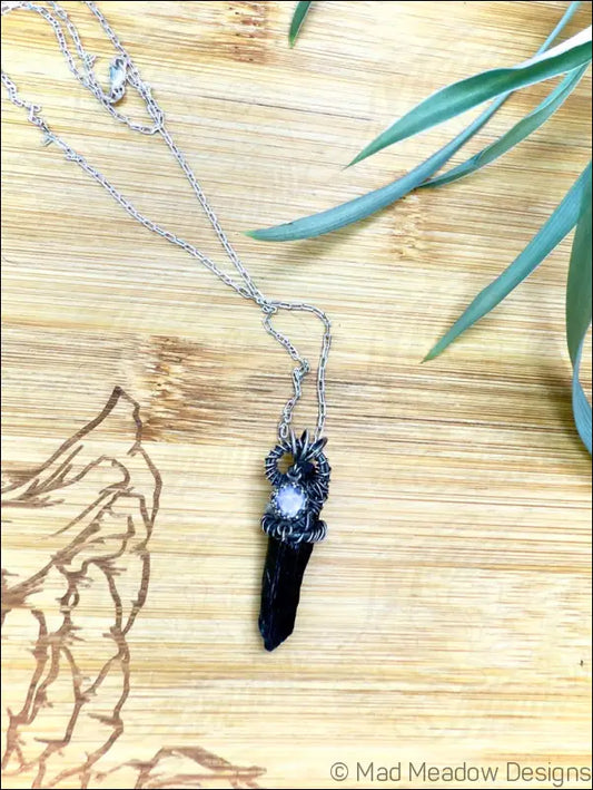 Black Raw Aegirine Crystal and Rainbow Moonstone Sterling Silver Wire Wrapped Pendant Necklace B - Jewelry